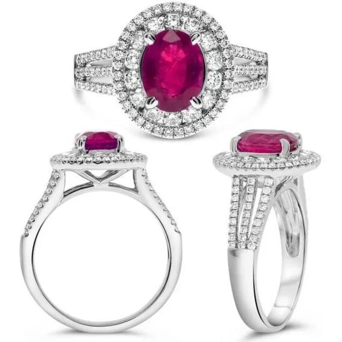 Roman & Jules Platinum Oval Ruby and Diamond Ring – 0.79 Carat Round Diamonds and 1.78 Carat Round Brilliant Ruby