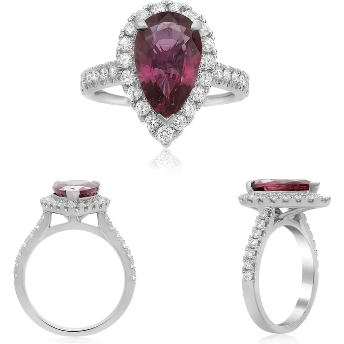 Roman & Jules Platinum Pear Shape Ruby and Diamond Halo Engagement Ring