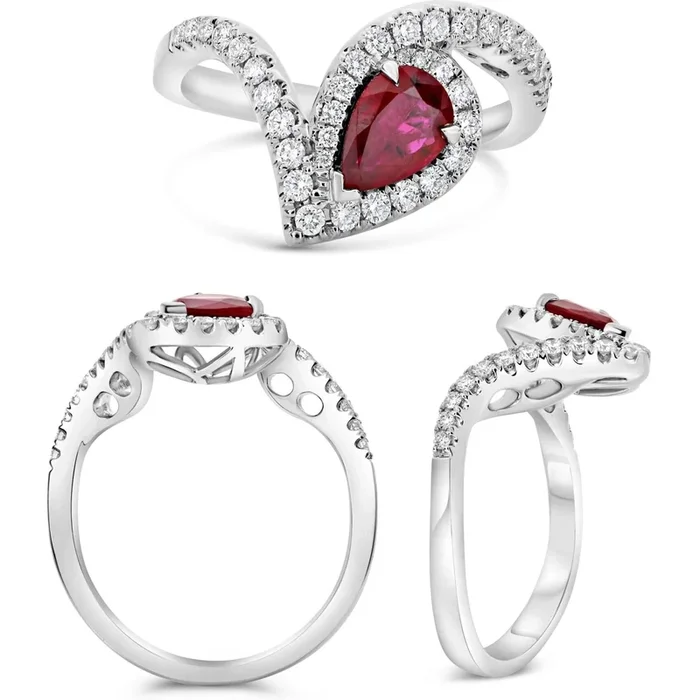 Roman & Jules Platinum Pear Shape Ruby Ring with Diamond Accents – 0.77 Carat Ruby, 0.40 Carat Diamonds