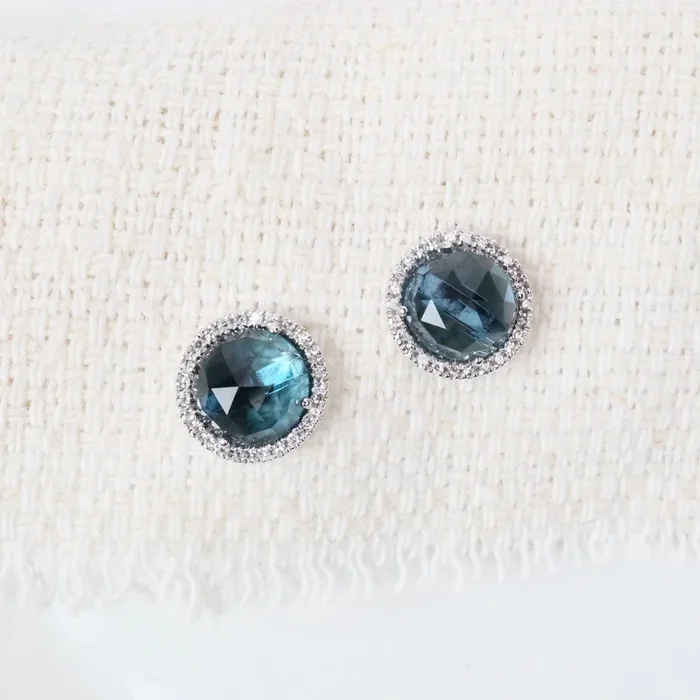 Rose Cut London Blue Topaz with White Diamond Halo Post Earrings