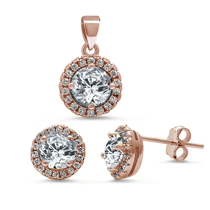 Rose Gold Plated Halo Cubic Zirconia .925 Sterling Silver Pendant & Earring