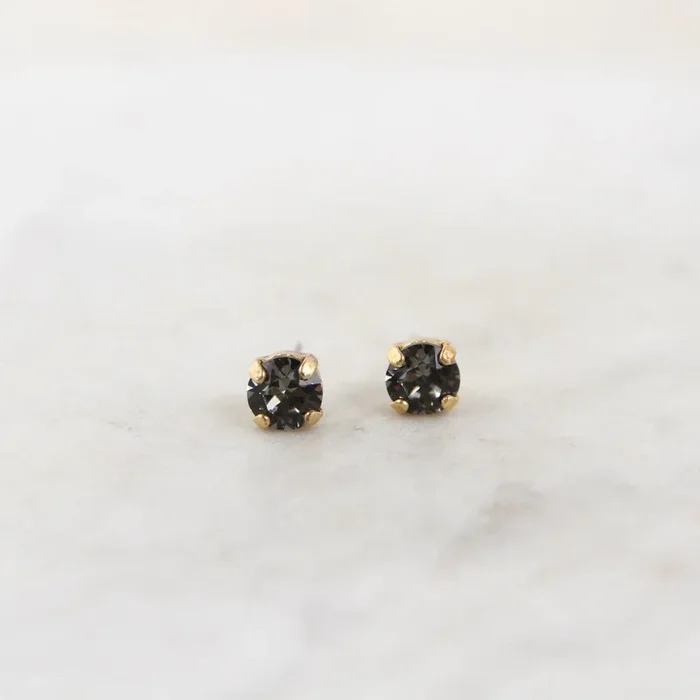 Round Black Diamond Post Earring- Gold Plate