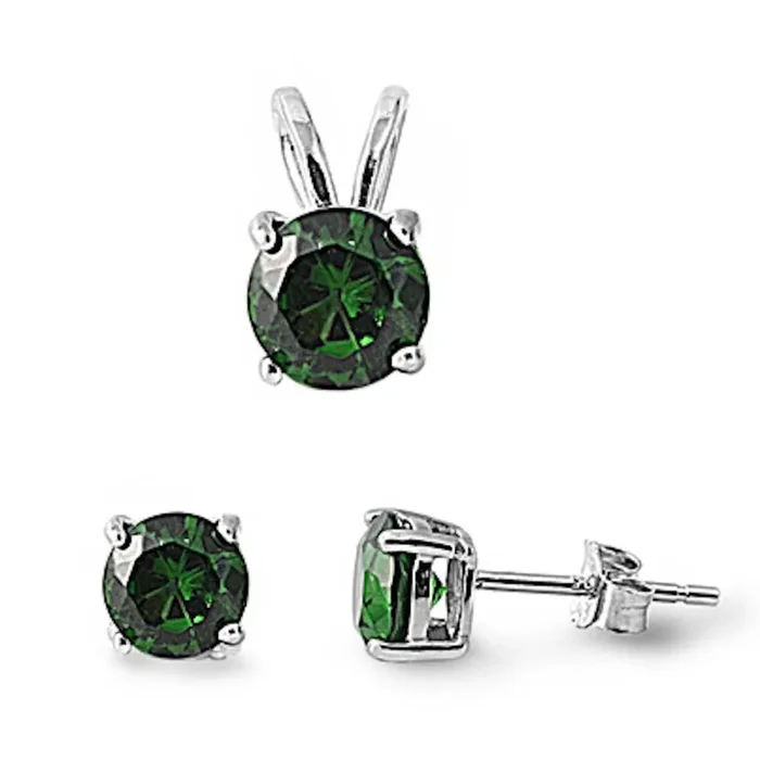 Round Emerald .925 Sterling Silver Pendant & Earrings Set .5″
