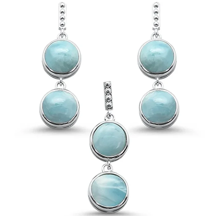 Round Larimar Drop Dangle .925 Sterling Silver Earring & Pendant Set