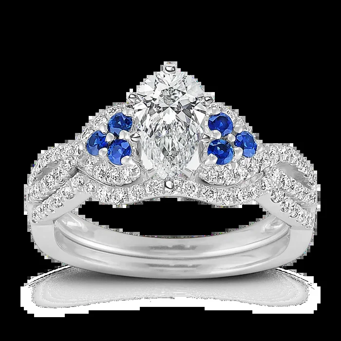 Round Sapphire and Diamond Wedding Set with Pave Setting