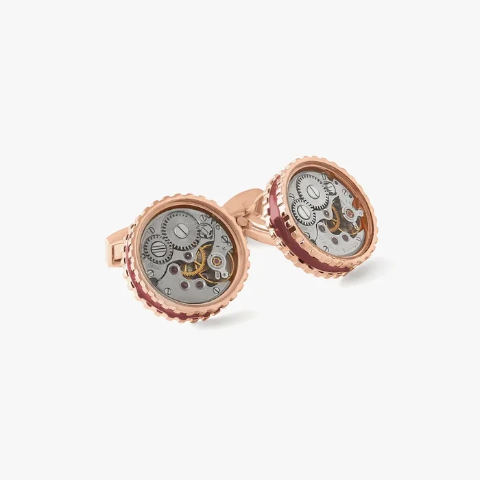 Round Skeleton Gear cufflinks with burgundy enamel in rose gold plated stainless steel