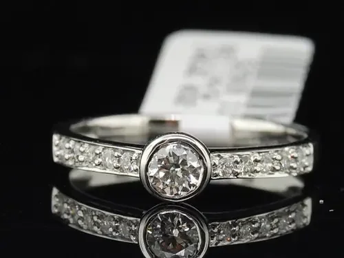 Round Solitaire Diamond Engagement Ring 14K White Gold Bezel Set 0.39 Ct