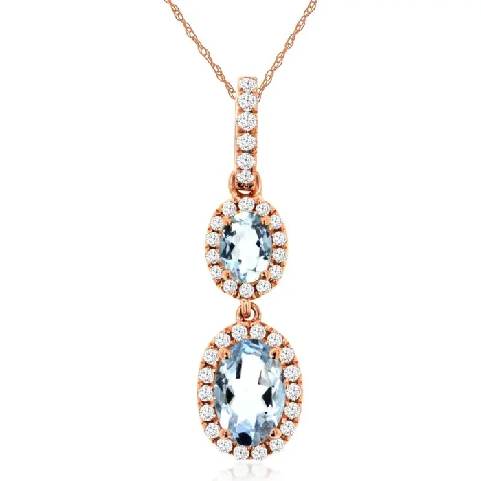 Royal 14K Rose Gold Aquamarine & Diamond Halo Pendant – Timeless Elegance