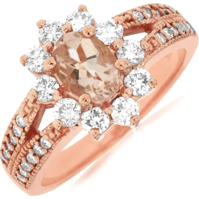 Royal 14K Rose Gold Morganite and Diamond Halo Ring – 0.65 Carat Morganite, 0.84 Carat Total Diamond Weight