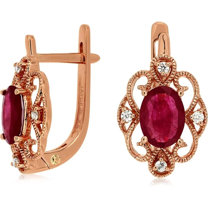 Royal 14K Rose Gold Ruby & Diamond Earrings – 1.80 Carat Ruby, 0.08 Carat Diamond