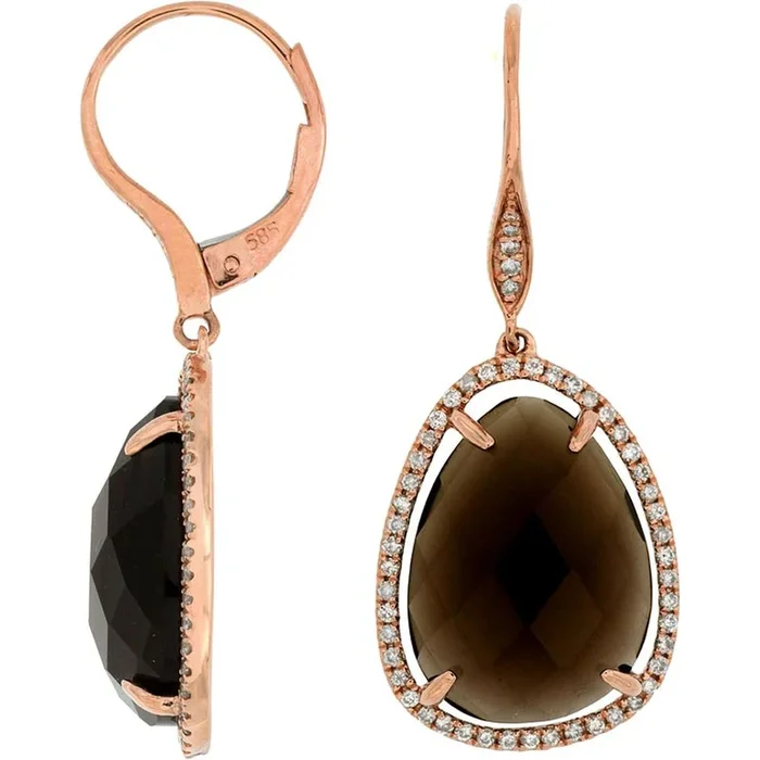 Royal 14K Rose Gold Smoky Quartz & Diamond Earrings – 14.42 Carat Total Gem Weight