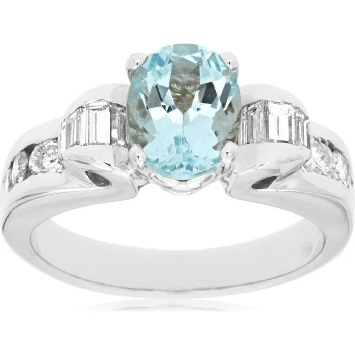 Royal 14K White Gold Aquamarine & Diamond Halo Ring – 2.35 Carat Total Gem Weight
