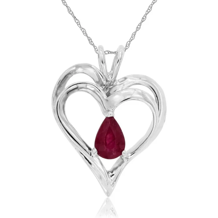 Royal 14K White Gold Heart-Shaped Ruby Pendant with Diamond Accents – 0.50 Carat Ruby, 0.25 Carat Total Diamond Weight