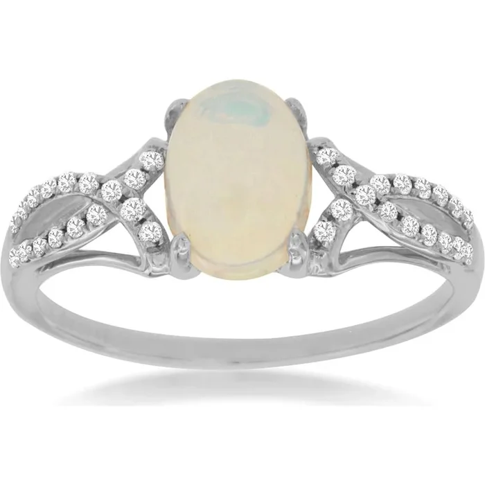 Royal 14K White Gold Opal and Diamond Halo Ring – Enchantment Sparkled