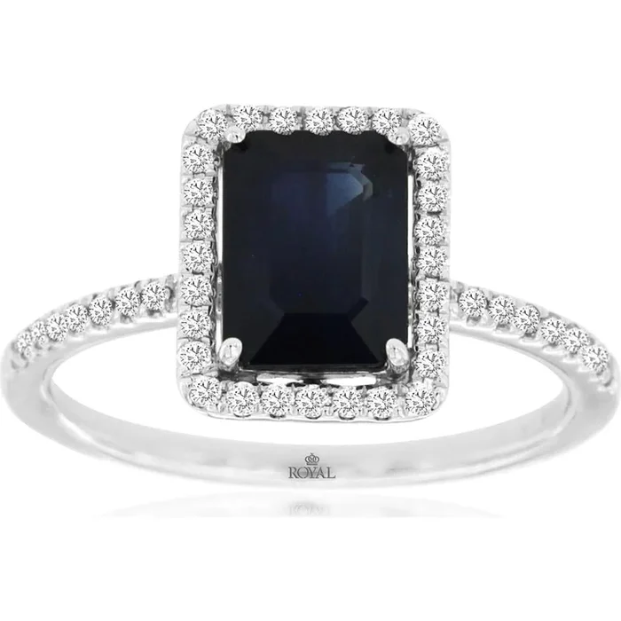 Royal 14K White Gold Sapphire & Diamond Ring – Elegant Emerald Cut 1.85 Carat Sapphire with 0.20 Carat Diamonds