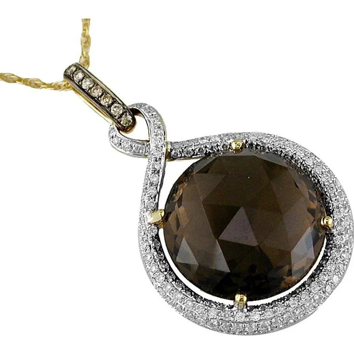 Royal 14K Yellow Gold Diamond and Smoky Quartz Circle Pendant – 65 PT Diamond, 13.95 Carat Smoky Quartz