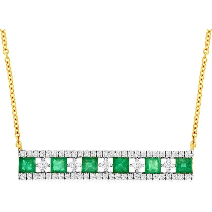 Royal 14K Yellow Gold Emerald & Diamond Bar Necklace – 1.40 Carat Total Gem Weight