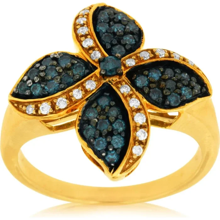 Royal 14K Yellow Gold Floral Blue Diamond & Diamond Ring – 0.40 Carat Blue Diamond