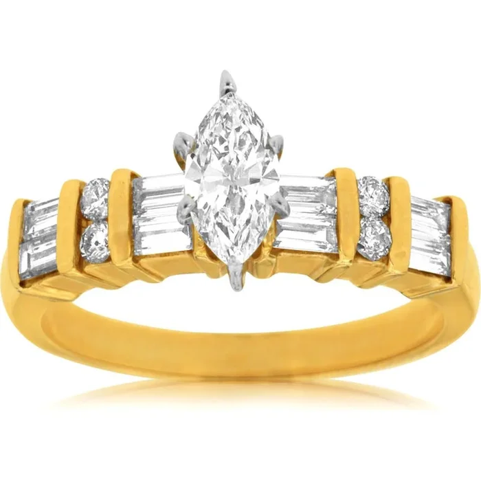 Royal 14K Yellow Gold Marquise Diamond Engagement Ring – 0.42 Carat Baguette Diamonds