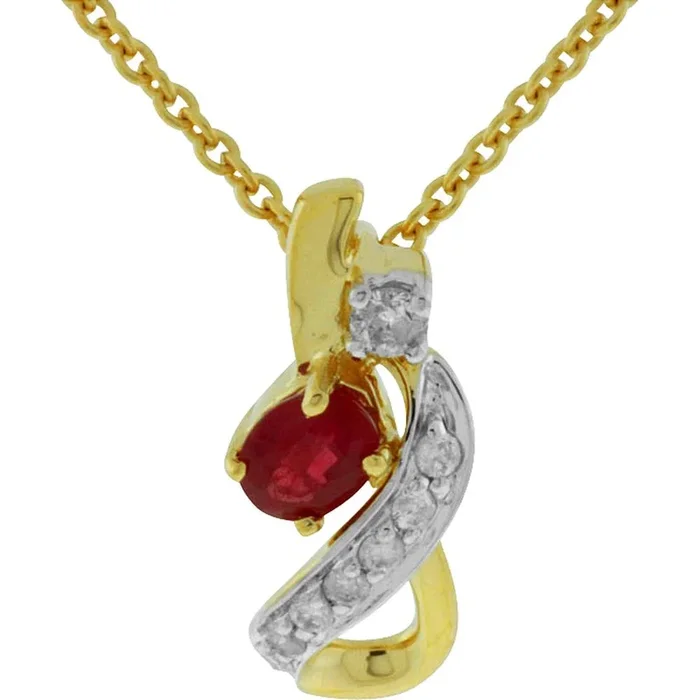 Royal 14K Yellow Gold Ruby & Diamond Oval Pendant – 0.20 Carat Ruby, 0.08 Carat Diamond Total Weight