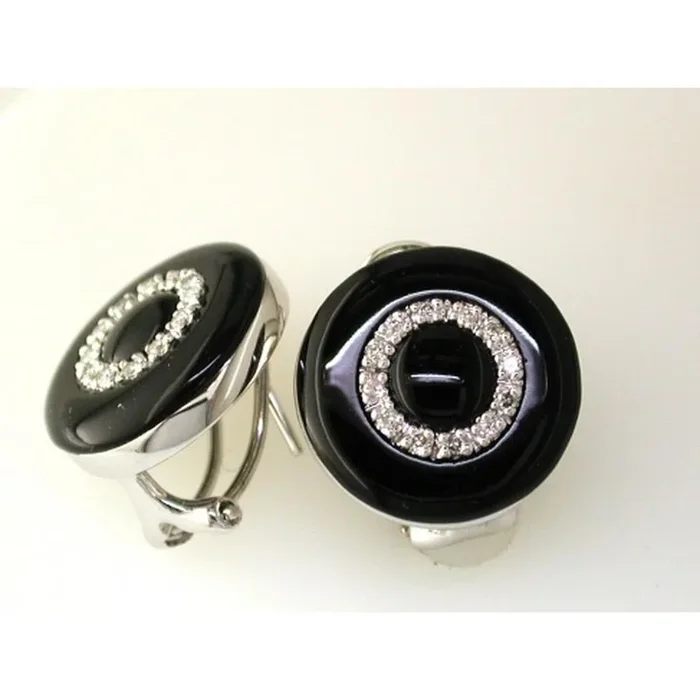 Royal Elegant 14K White Gold Onyx & Diamond Oval Earrings – 0.20 Carat Total Diamond Weight
