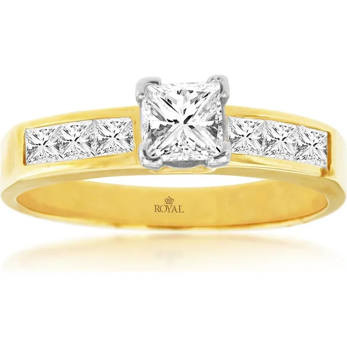 Royal Enchanting 14K Yellow Gold Princess Cut Diamond Engagement Ring – 0.48 Carat Main Stone – 0.42 Carat Total Diamond Weight