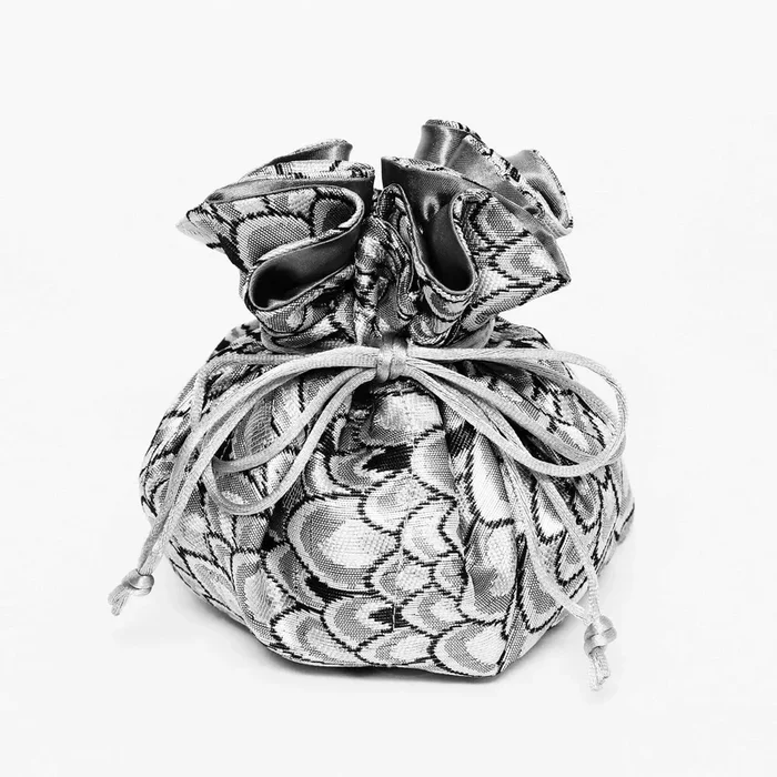 Silver & Black Small Feather Brocade Jewelry Pouch