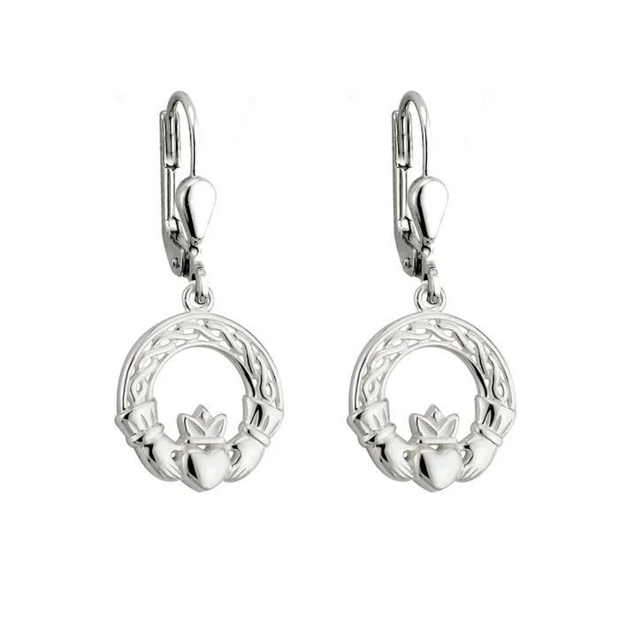 Silver Celtic Claddagh Drop Earrings