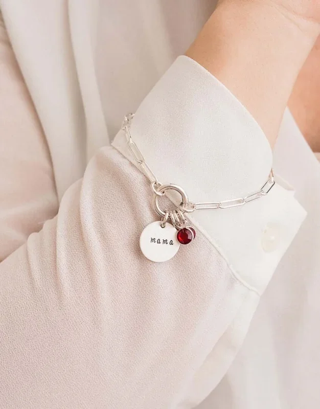 Silver Family Paperclip Birthstone Bracelet