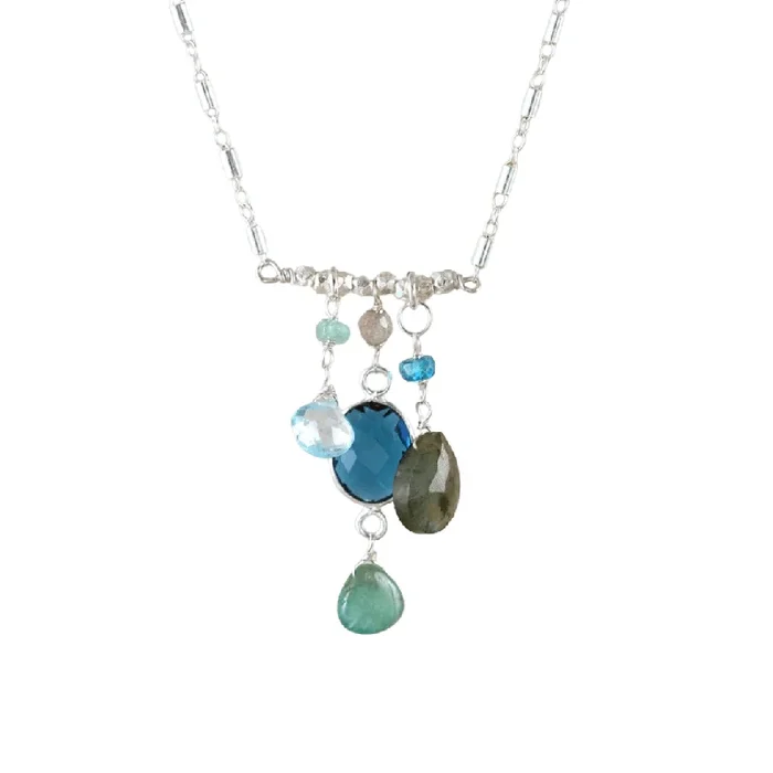 Silver Oval Bezel Blue Quartz Bar Necklace