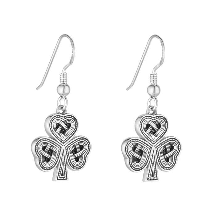 Silver Oxidised Celtic Shamrock Drop Earrings