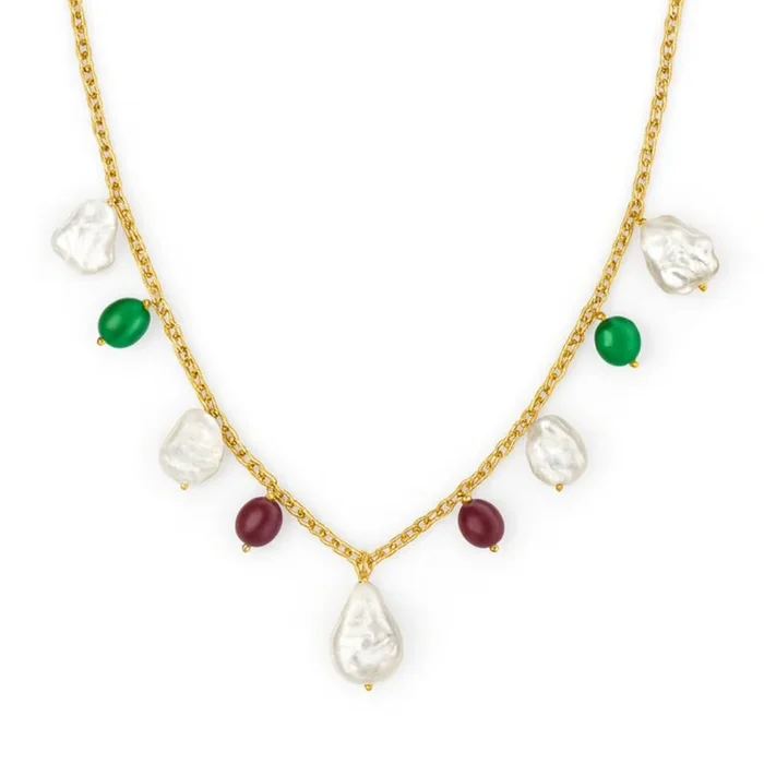Silver Ruby, Green Onyx and Boroque Pearl Chain | 92.5 Silver | 22K Gold Plated