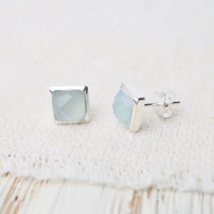 Silver Square Madeline Stud Earrings – Aqua Blue Chalcedony