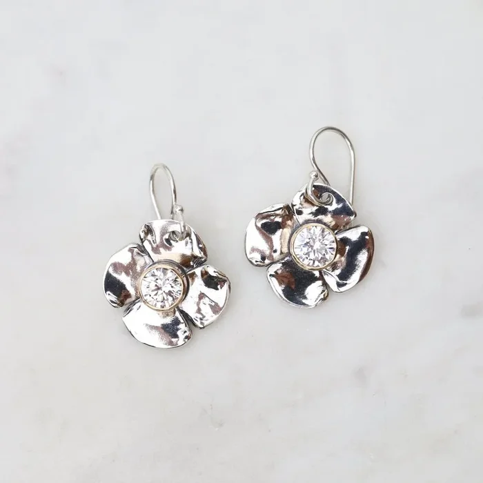 Small Petal Flower with CZ Centers & 14k Gold Bezels Earrings