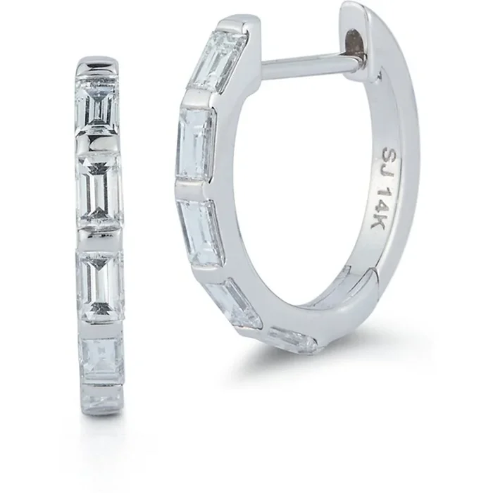 Sofer Jewelry – 14K White Gold Baguette Diamond Huggie Earrings with 0.7 Carats of Diamonds