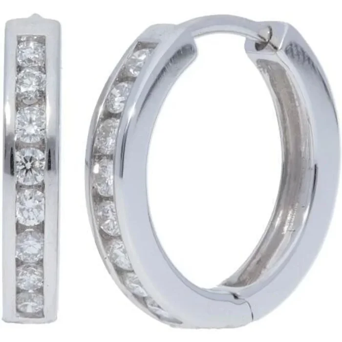 Sofer Jewelry – 14K White Gold Channel Set Diamond Hoop Earrings with 0.3 Carats of Diamonds