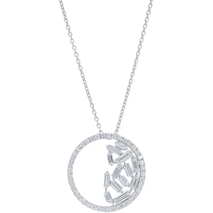Sofer Jewelry – 14K White Gold Half Diamond Cluster Circle Pendant with 1.21 Carats of Diamonds