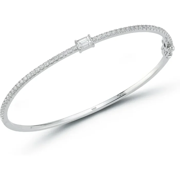 Sofer Jewelry – 14K White Gold Halfway Around Pave Bangle With Emerald Diamond Accent with 0.95 Carats of Emeralds