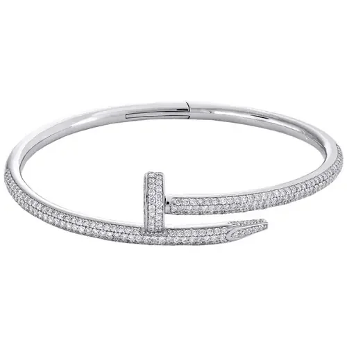 Solid 14K White Gold Round Cut Diamond Nail Bangle 20cm Unisex Bracelet 3.35 CT.