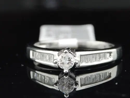 Solitaire Diamond Engagement Ring 10K White Gold Round & Baguette Cut 0.23 Ct
