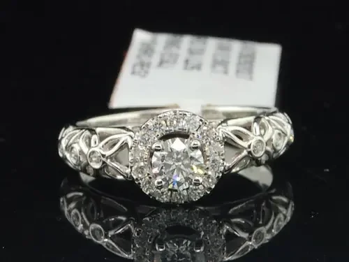 Solitaire Diamond Halo Engagement Ring 14K White Gold Flower Design 1/2 Ct