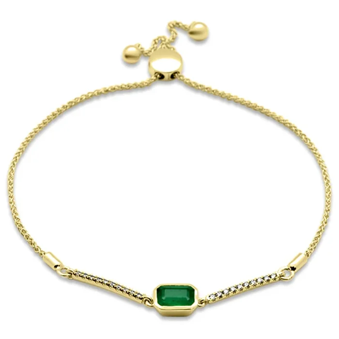 SPECIAL! 1.01ct G SI 14K Yellow Gold Diamond & Emerald Gemstone Bola Bracelet 6-9″ Adjustable