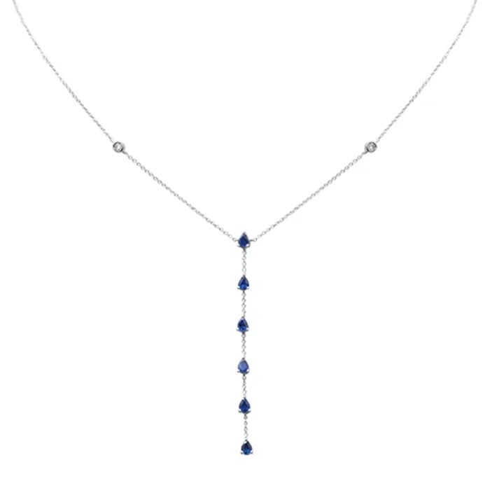 SPECIAL! 1.16ct G SI 14K White Gold Diamond & Blue Sapphire Drop Lariat Necklace 16+2″ Ext