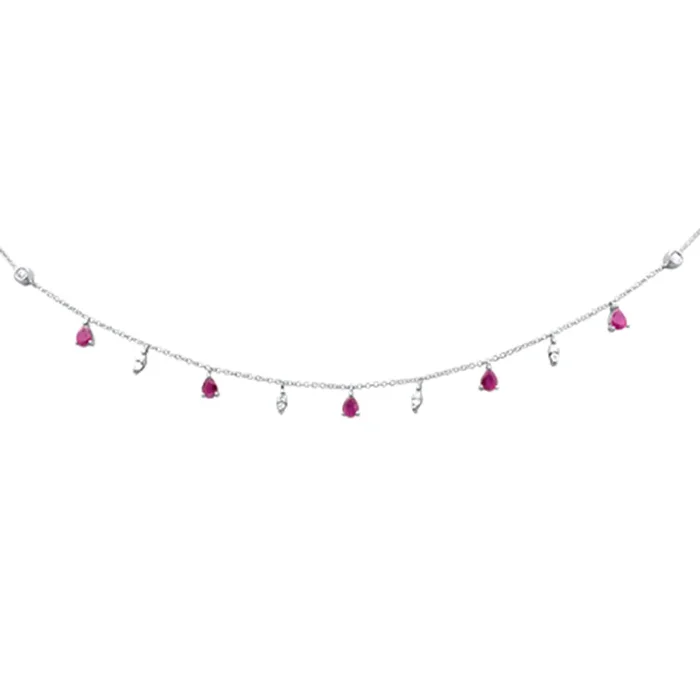 SPECIAL! 1.22ct G SI 14K White Gold Diamond & Ruby Gemstone Dangling Pendant Necklace 16+2″Ext Long Chain