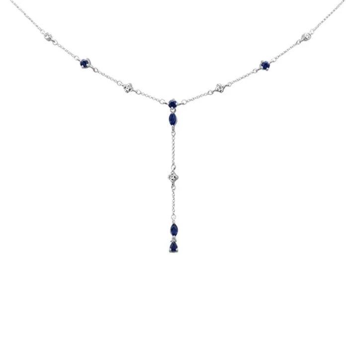 SPECIAL!1.26ct G SI 14K White Gold Diamond & Blue Sapphire Gemstones Drop Pendant Necklace 16+2″ Ext Long