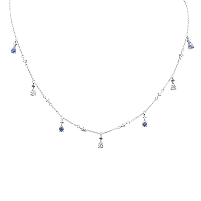 SPECIAL! 1.33ct G SI 14K White Gold Diamond & Blue Sapphire Gemstone Dangling Pendant Necklace 16″ + 2″ EXT