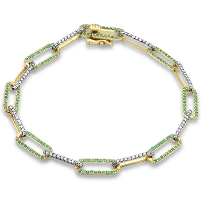 SPECIAL! 1.36ct G SI 14K Yellow Gold Diamond & Emerald Gemstone Paper Clip Link Bracelet 7″ Long