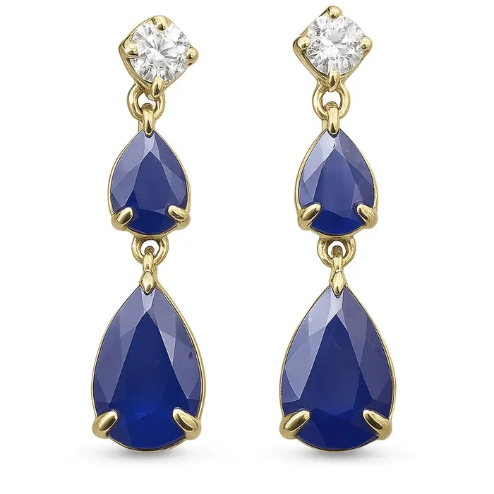 SPECIAL!1.43ct G SI 14K Yellow Gold Diamond & Pear Shape Blue Sapphire Gemstone Drop Earrings