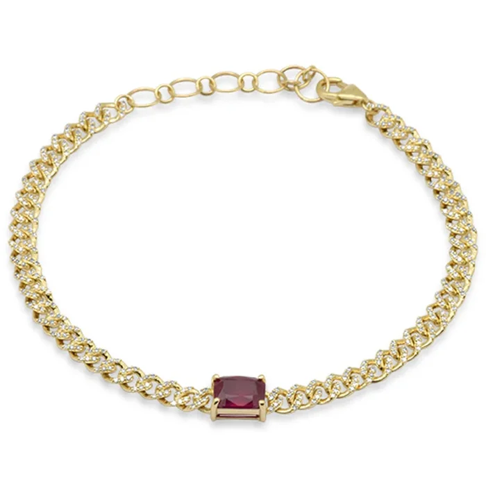 SPECIAL!1.88ct G SI 14K Yellow Gold Ruby Gemstone & Diamond Cuban Bracelet 6+1.5″ Long