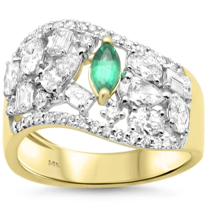SPECIAL!1.93ct G SI 14K Yellow Gold Multi Shape Diamond & Emerald Gemstone Ring Band Size 6.5